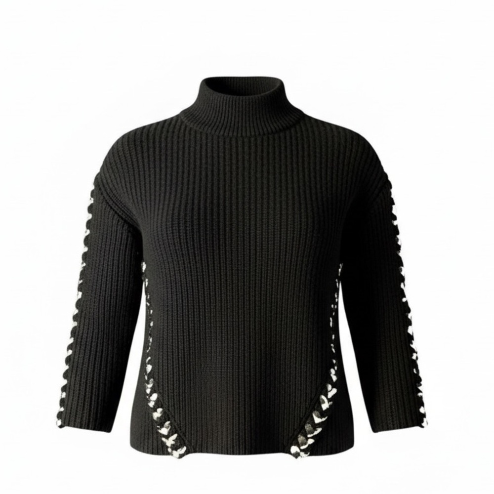 Tabala rasa Sousi Tie Sweater wool mock neck black ribbed braided M‎ thick knit